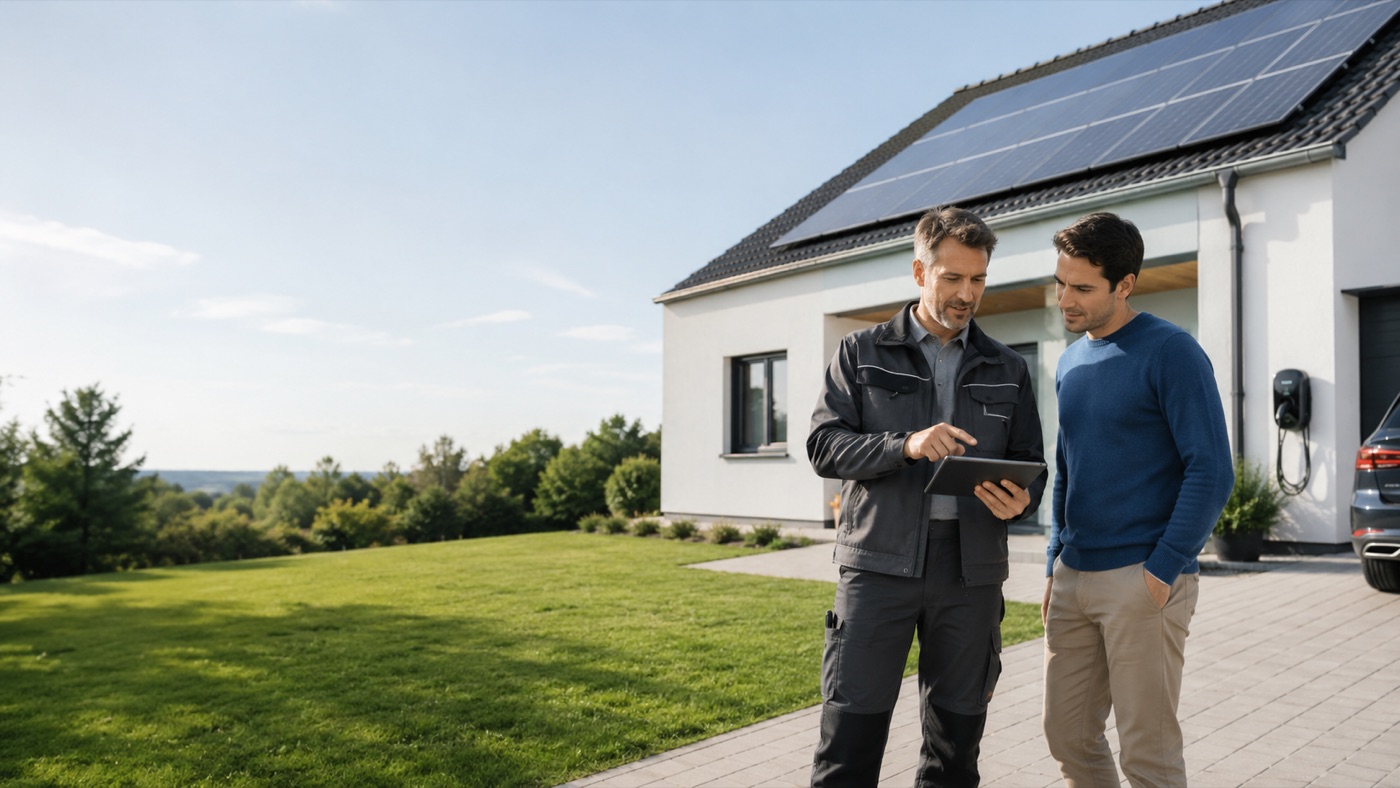 Photovoltaik-Beratung vor einem Haus mit Solarmodulen und Wallbox